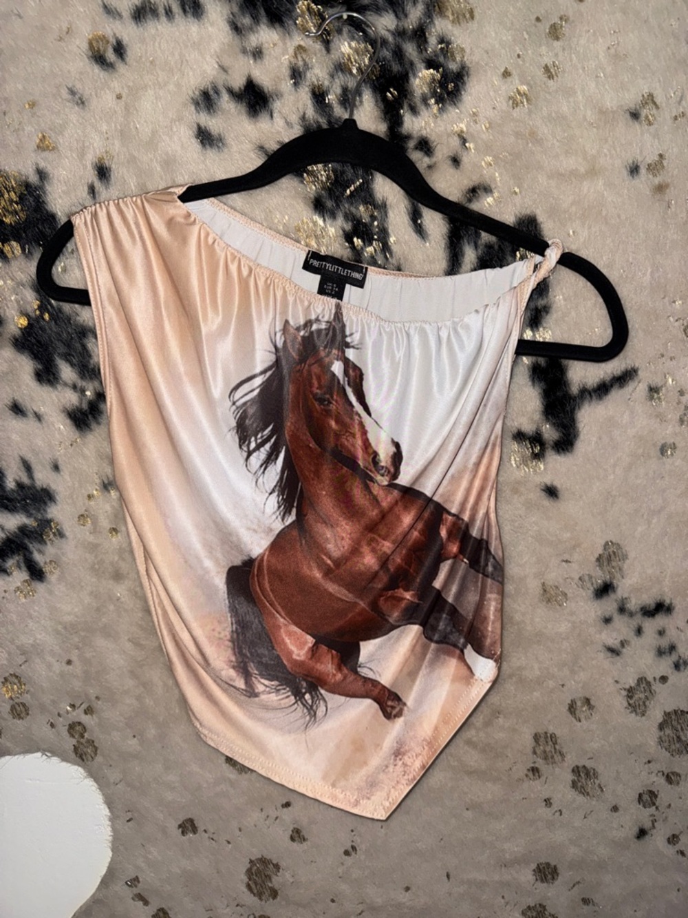 PrettyLittleThing Brown & Cream Horse Print Satin Scarf Top